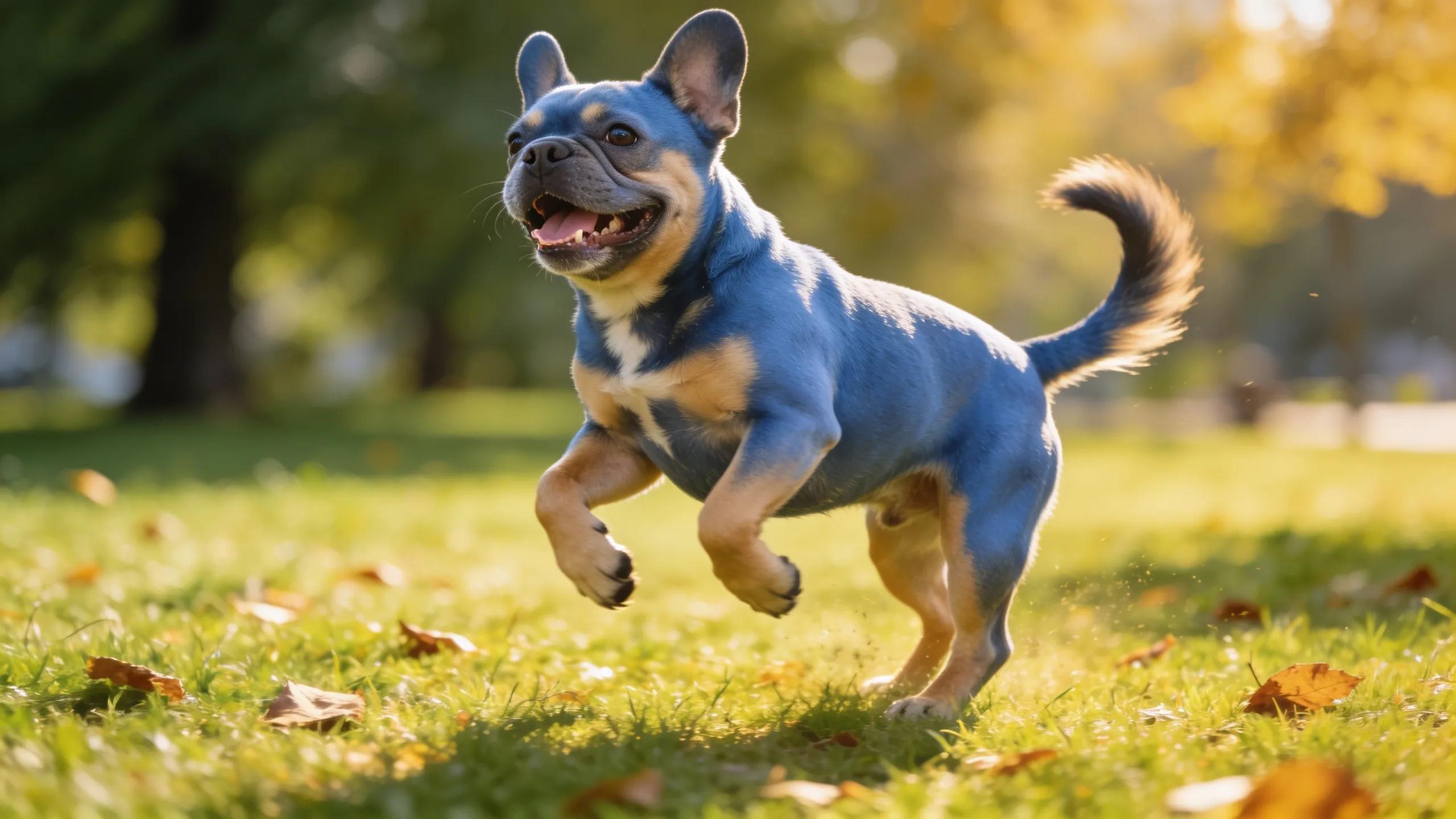 Blue and tan French Bulldog playing outdoors, showcasing distinctive coat colors