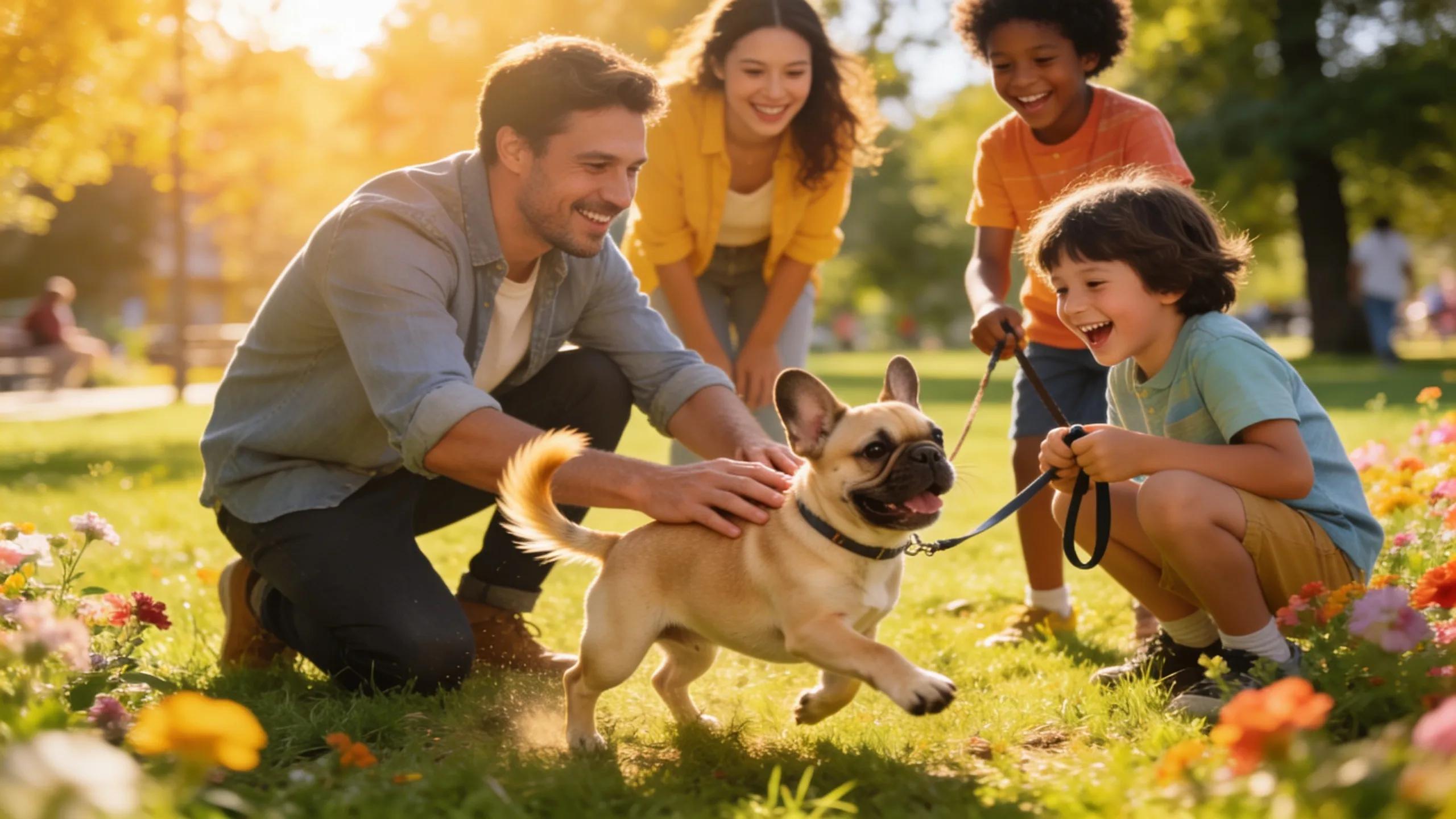 French Bulldog puppy interacting with people in a park, showcasing early socialization experiences