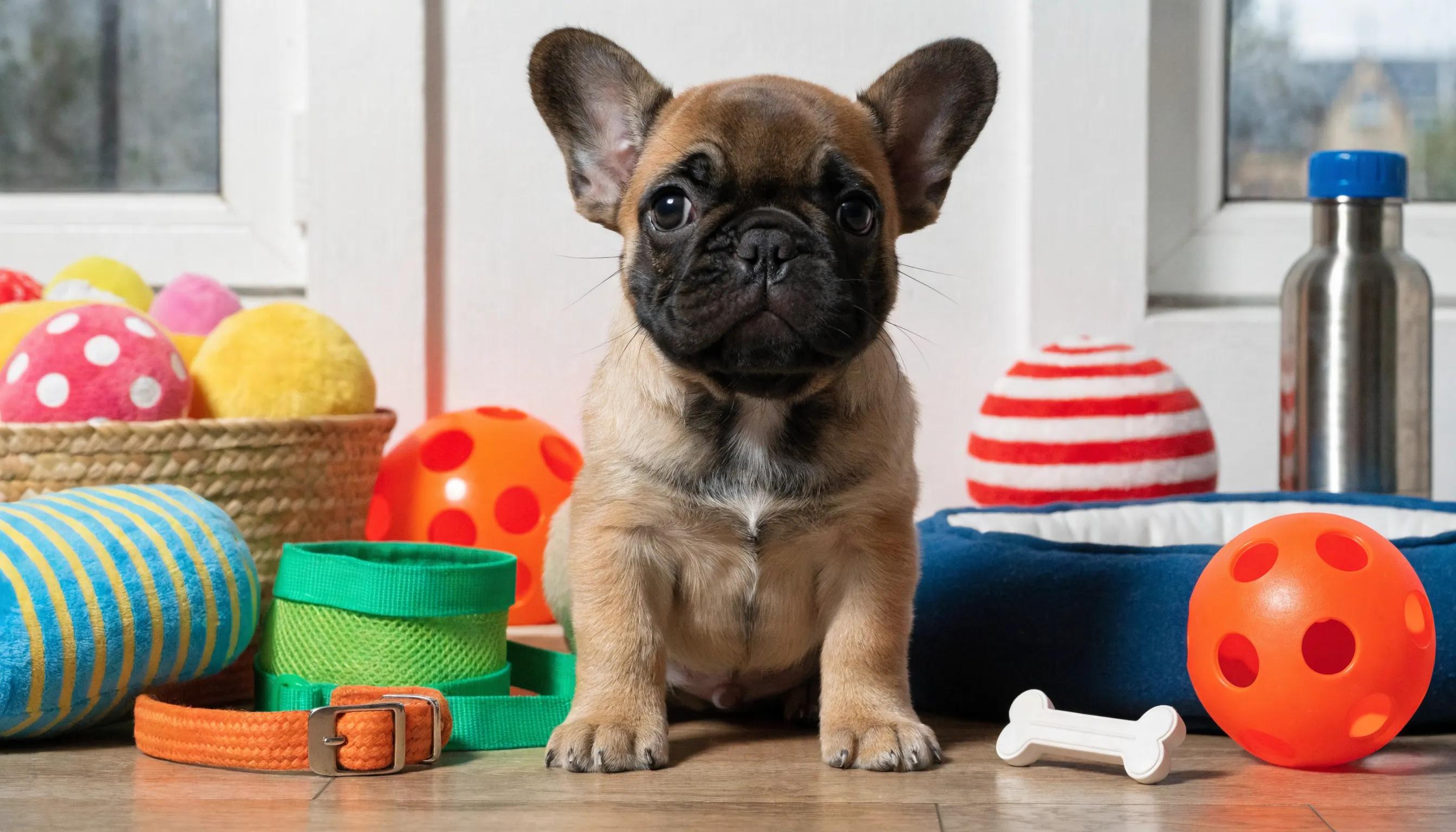 French Bulldog puppy with essential supplies like a collar, harness, bed, and toys, illustrating a welcoming pet environment
