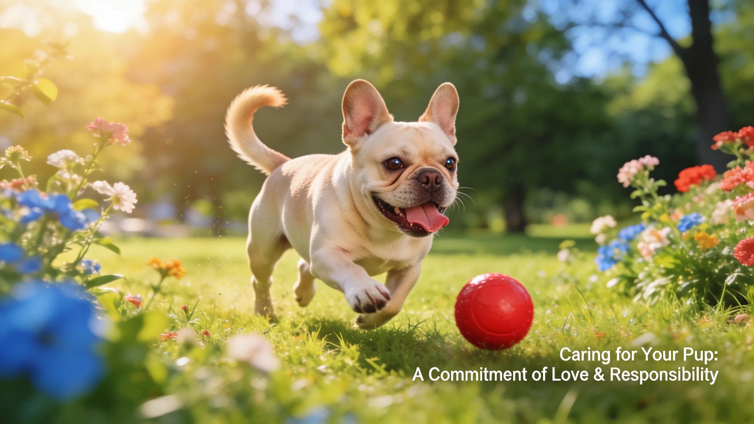 A joyful French Bulldog playing in a park, representing the joys of pet ownership