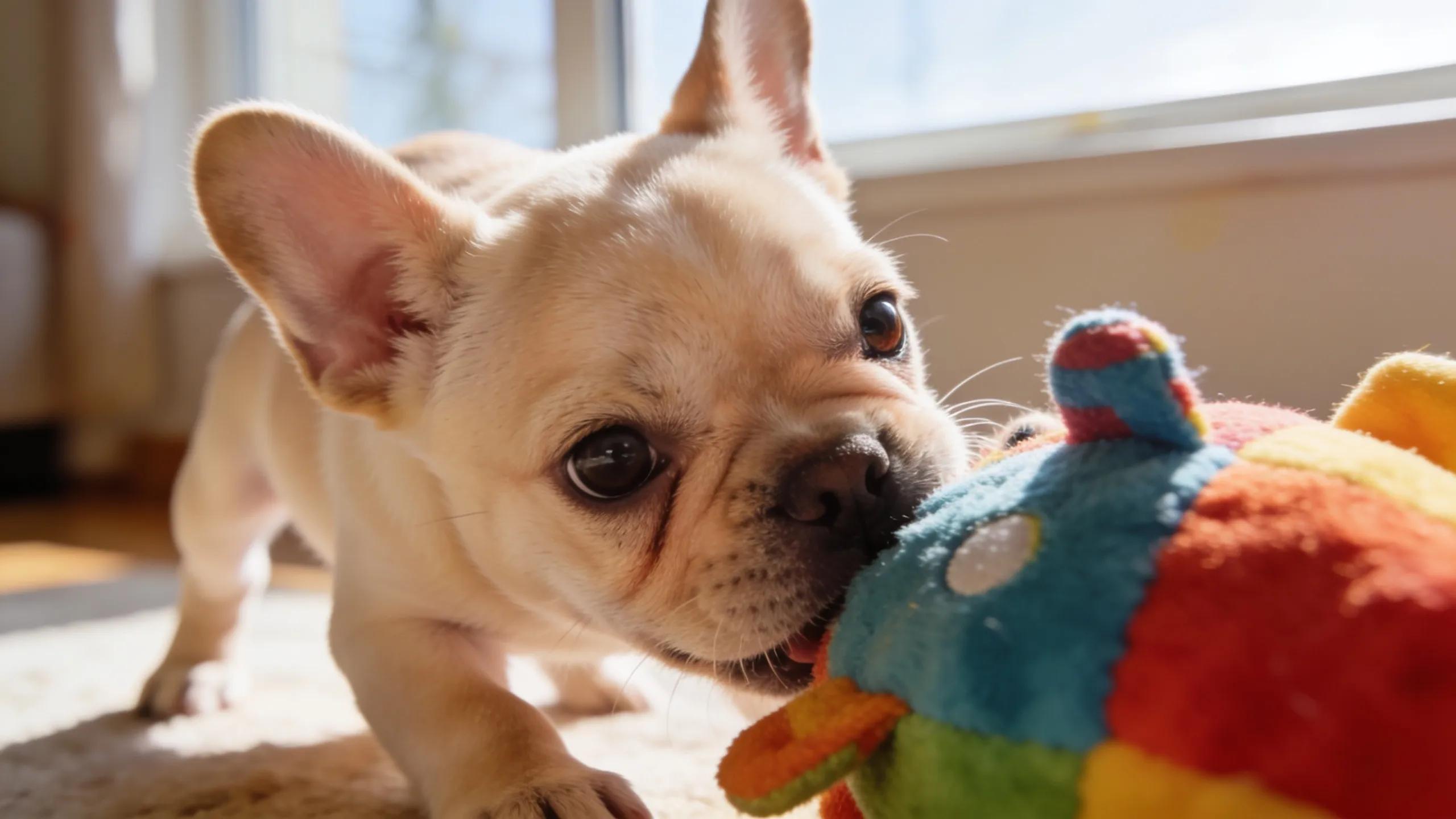 Playful French Bulldog puppy in a bright home environment with a toy