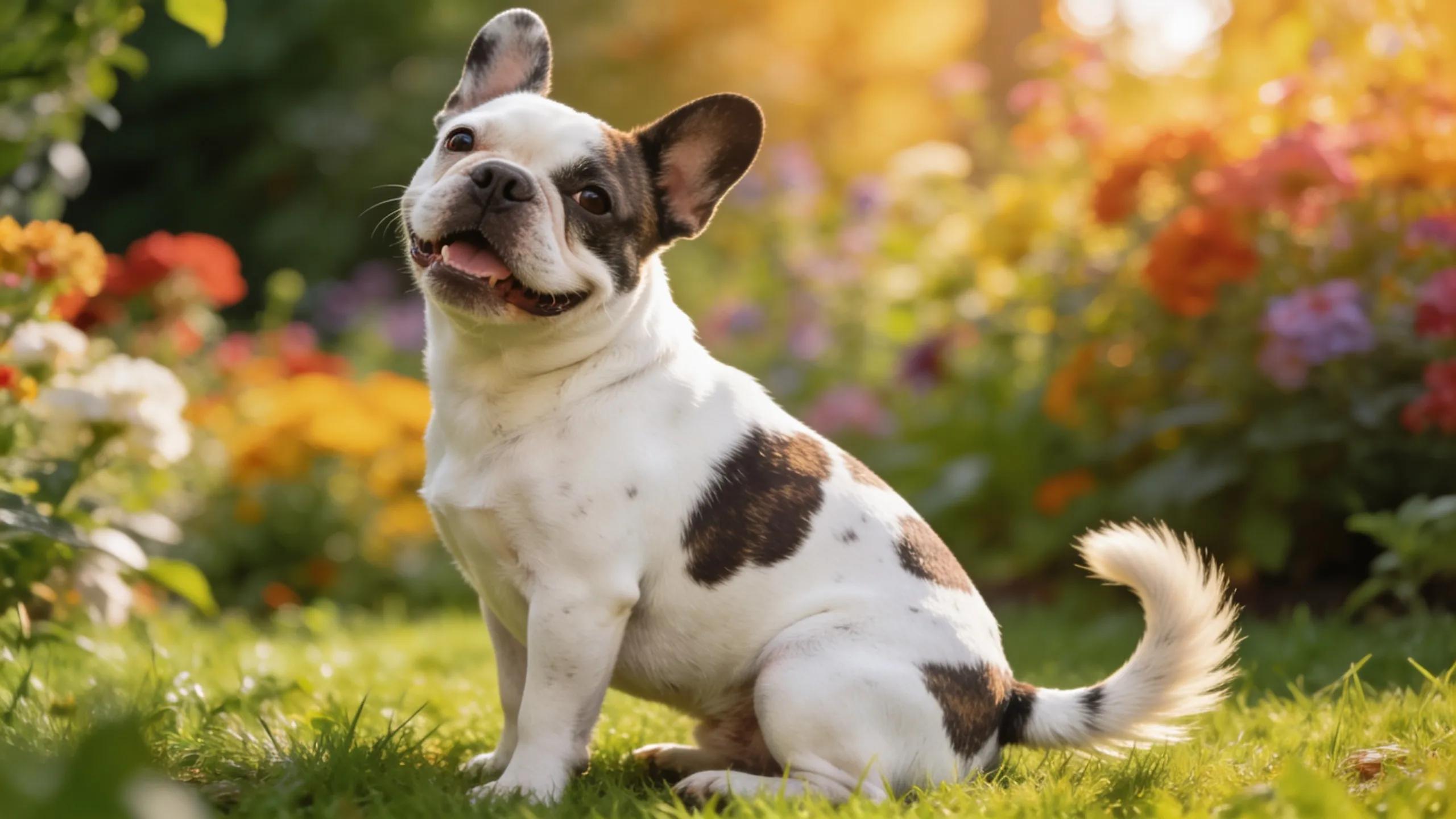Pied French Bulldog showcasing distinctive coat patterns in a beautiful garden setting