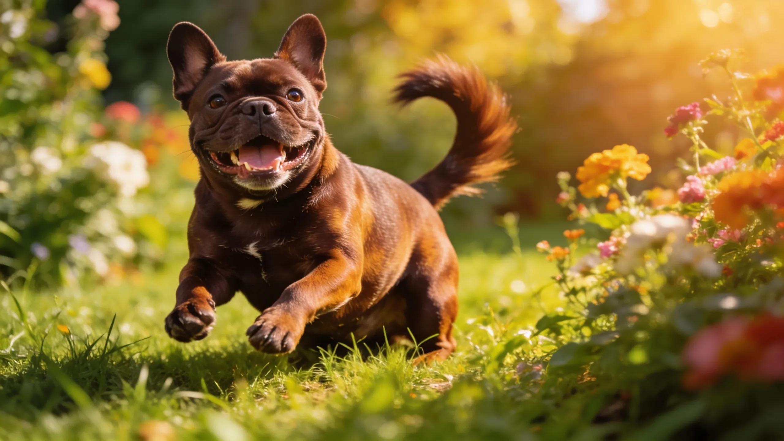 Chocolate and cocoa French Bulldog playing in a sunny garden